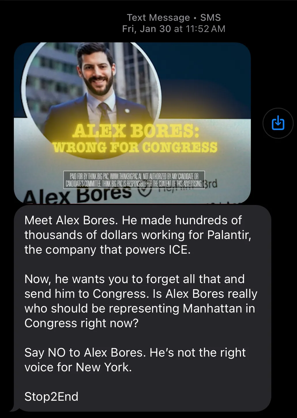 SMS screenshot attacking Bores for his work at Palantir, the company that powers ICE. Paid for by Think Big PAC.